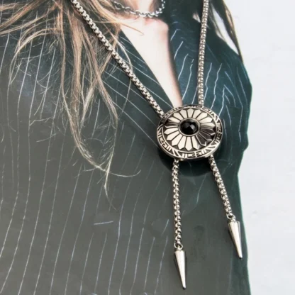 Round Floral Bolo Tie with Chain Detailing - Image 5